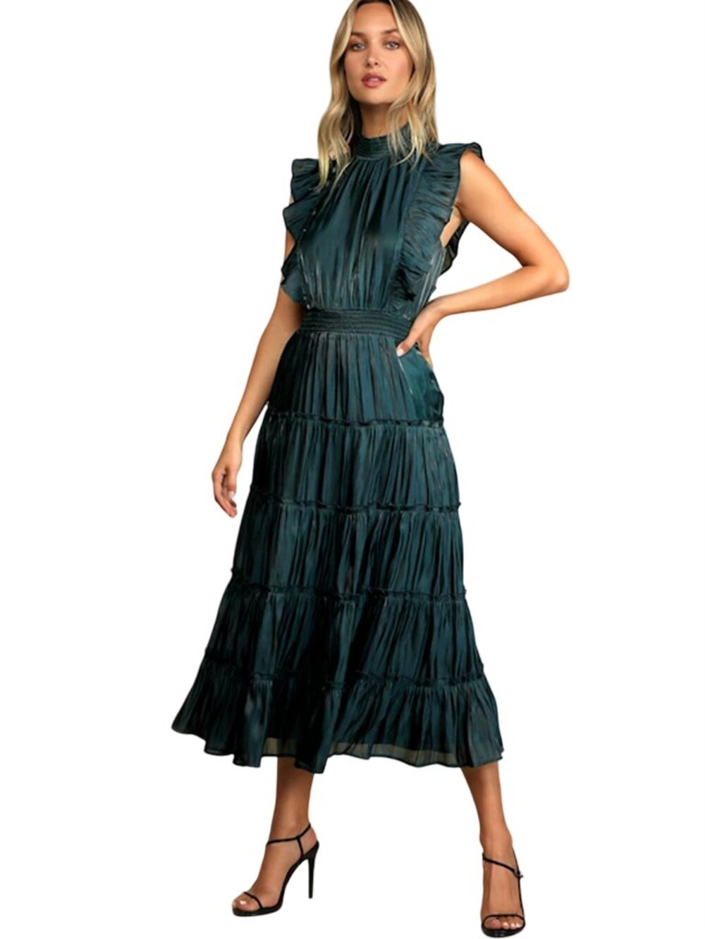 Lulus Take a Glance Tiered Layered Midi Dress Ruffled Pinafore Mock Neck NWT